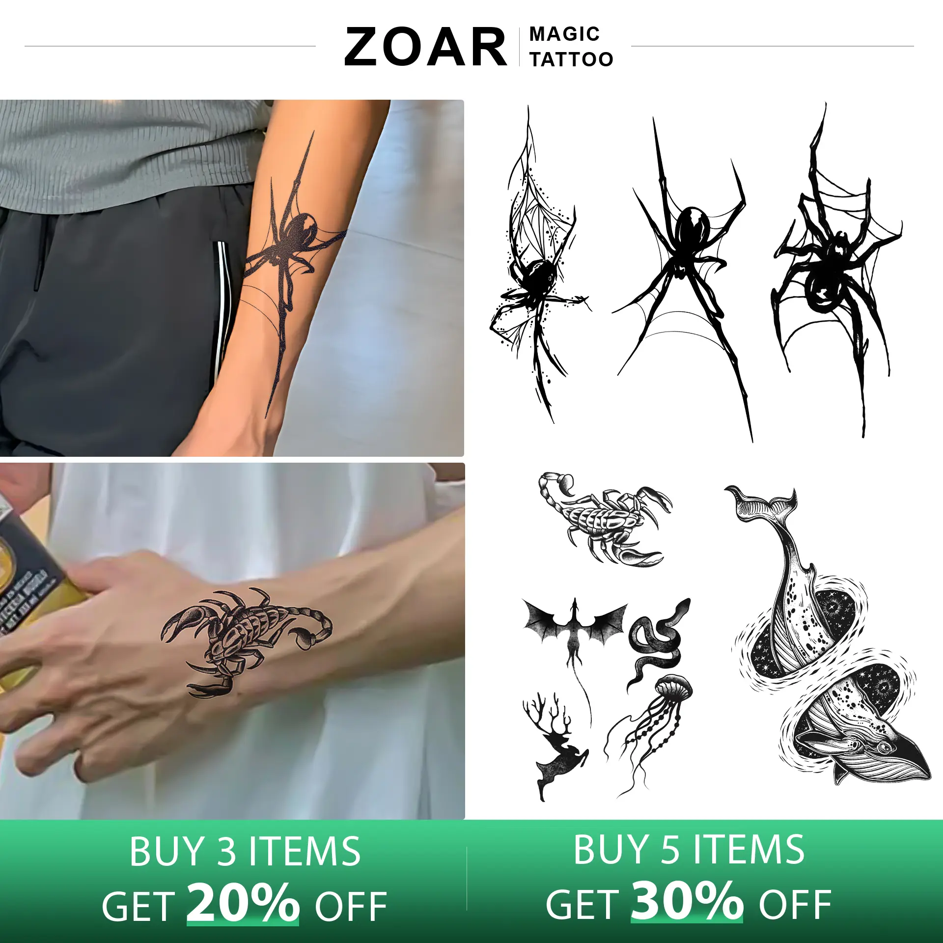 DOOSIN-Y23 Stiker Tato Temporary Semi Permanen 【ular kalajengking laba-laba】Tahan lama Tattoo menempel dekorasi seni untuk pria dan wanita