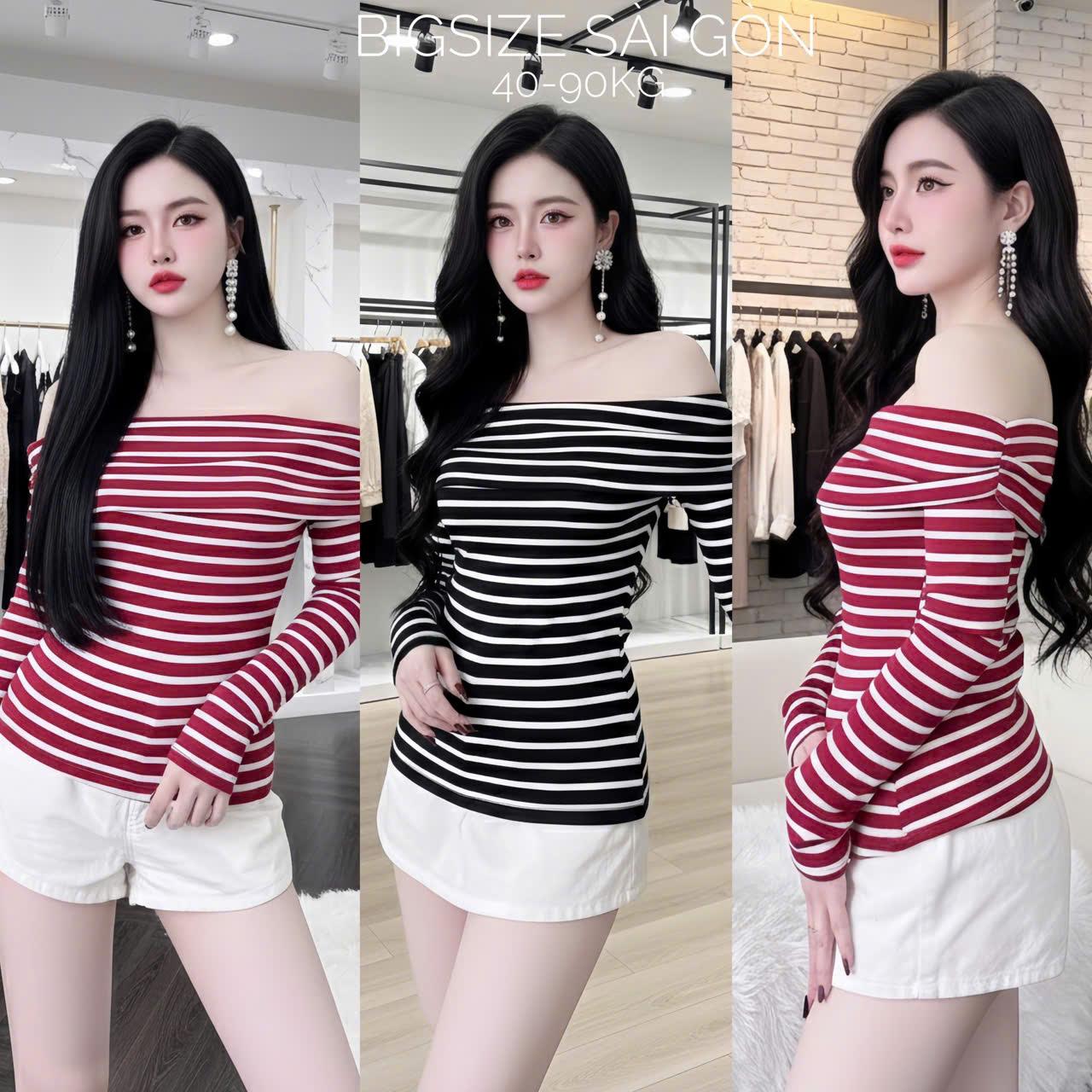 Áo Thun Tay Dài Trễ Vai Thu Đông Vải Sọc Borit Dày Dặn Thanh Lịch Cho Nàng 40-85Kg Dễ Thương Nữ Women Top Nhung - B.1724