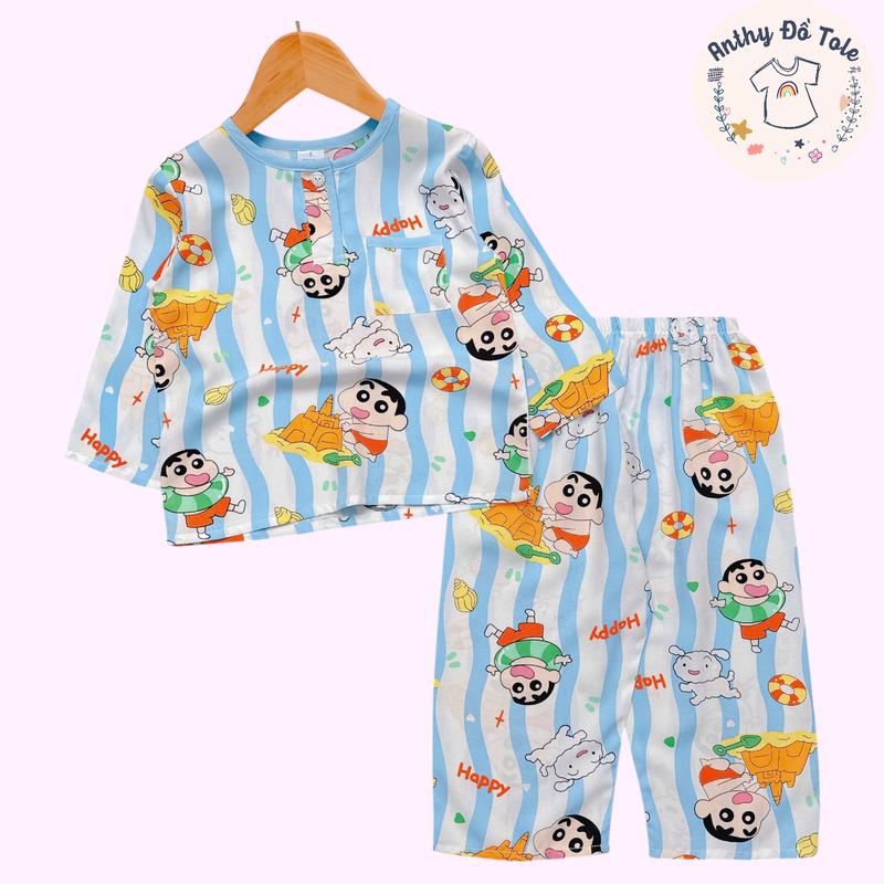 |10-45kg| Đồ bộ ngủ bé trai tay dài quần dài, đồ ngủ bé trai chất liệu tole lanh.Anthy đồ tole