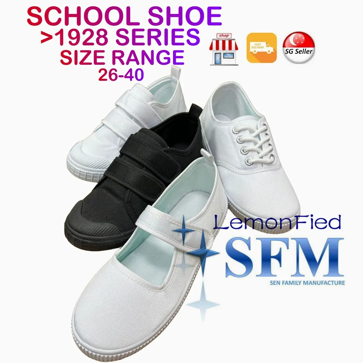 WHITE SCHOOL SHOES 1928 Size 29 - 40 VELCRO LACE BLACK SNEAKERS CANVAS KIDS GIRLS SG RETAILER LOCAL LADY INDOOR OUTDOOR