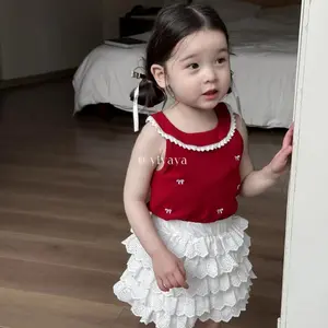 Ready Estetika balet! Gadis Gadis Merah Busur Merah Dicetak Rok Kue Berlubang Rok T70 Fashion Cantik