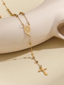 Collar con colgante de cruz de rosario de acero inoxidable para mujer, joyería de moda casual para todas las estaciones, diseño clásico de cadena de cuentas