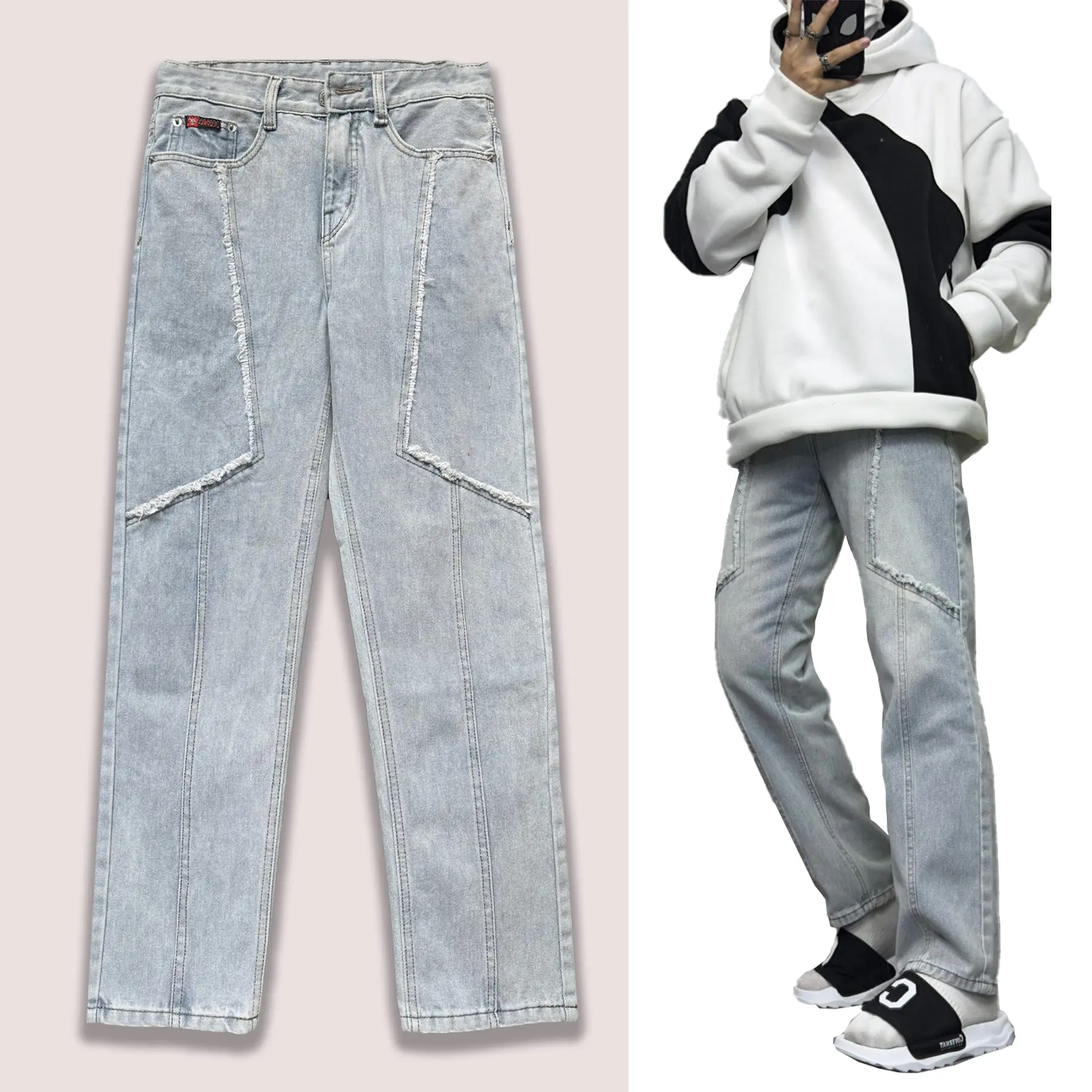 CAROLLA Quần Jean Nam Form suông, ống đứng, ống suông, Jean Baggy, Năng Động, Menswear Pants Kem Có Túi