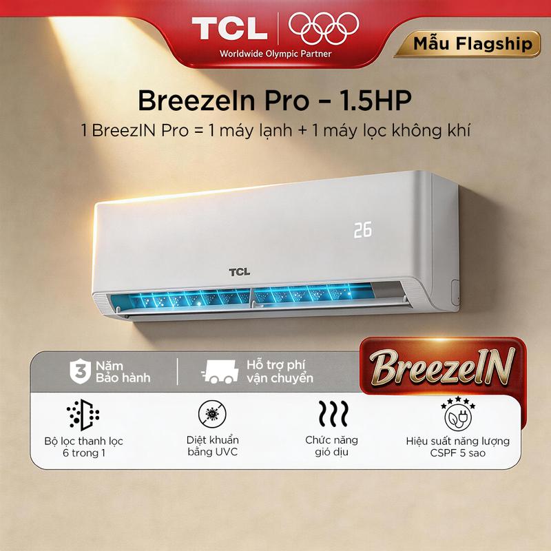 Máy Lạnh TCL BreezeIN Thế Hệ Mới 1.5 HP, Bộ Lọc Thanh Lọc 6 Trong 1, Diệt Khuẩn UVC, Hiệu Suất Năng Lượng CSPF 5 Sao