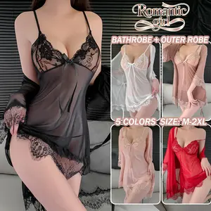 Set Piyama + Jubah  Jaring  Gaun Tidur Seksi  Pakaian Santai  Kain Berkualitas Tinggi  Seksi dan Memikat Dress Lingerie
