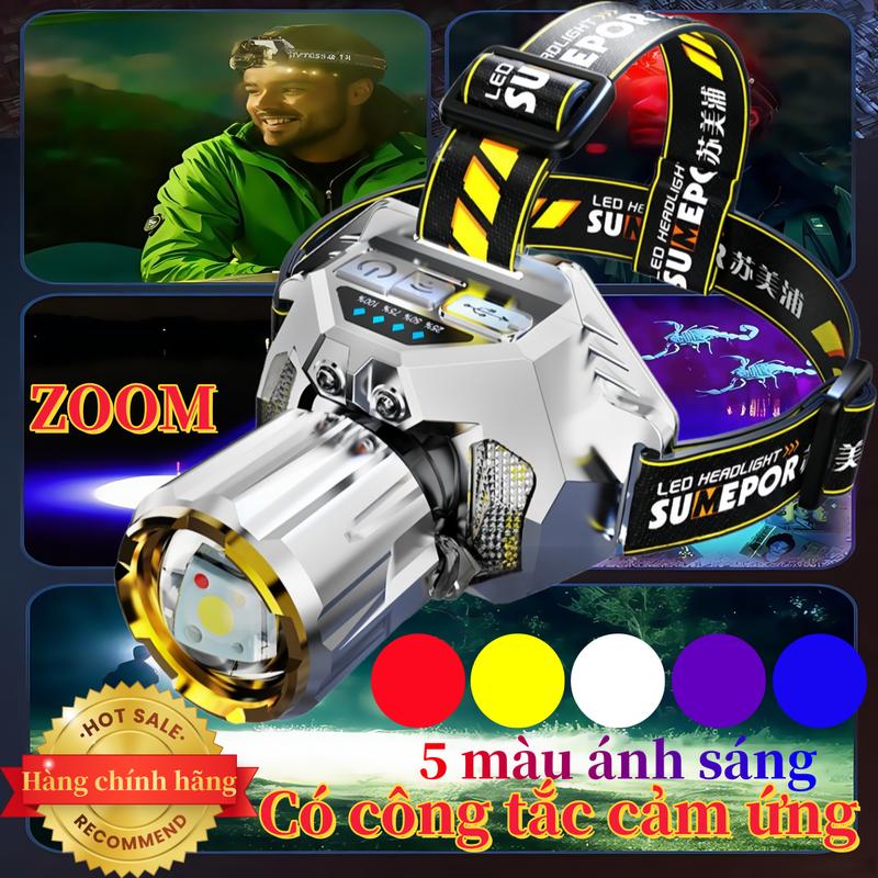 Đèn pin đội đầu ánh sáng mạnh 11 chế độ,Đèn xa và đèn gần zoom màn hình hiển thị độ bền dài nguồn sáng năm màu đỏ trắng xanh lam vàng và tím cảm biến ánh sáng mạnh Cầm Tay,Độ sáng có thể điều chỉnh