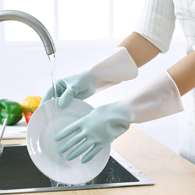 Sarung tangan pembersih dan pencuci piring rumah tangga dua warna, piring dan pakaian dapur, karet tipis, tahan lama, tahan air, plastik menebal 2