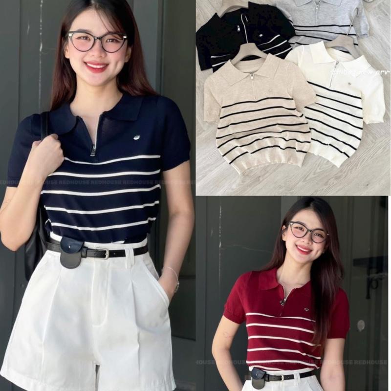 Áo Polo Phối Kẻ Kéo Khoá Cổ Mới,Hàng QC Nữ 5 Màu,Chất Len Nhẹ Nhàng