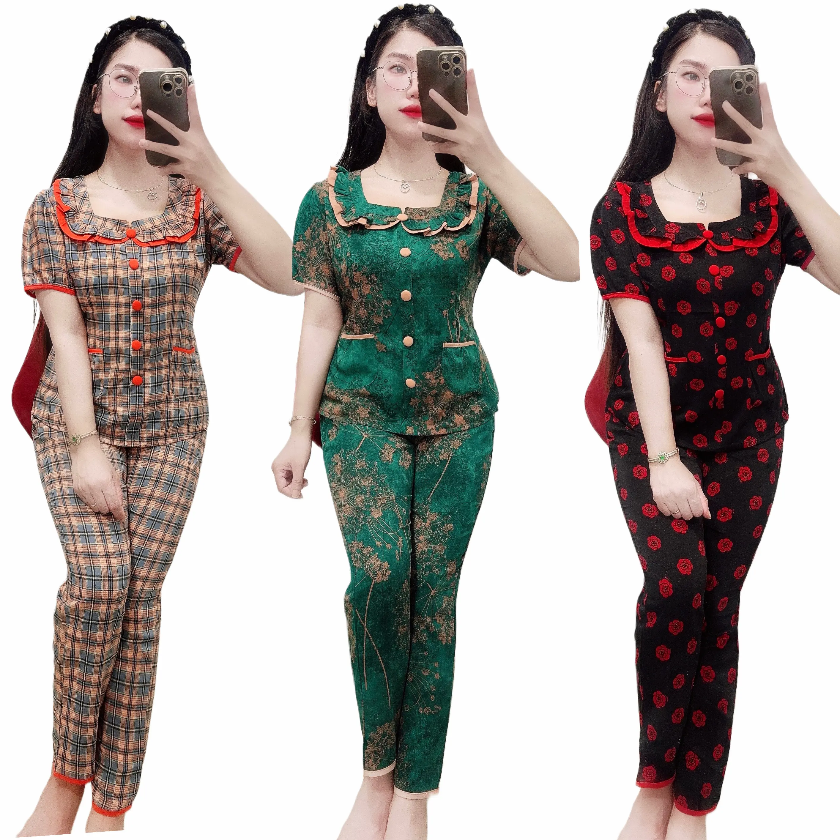 Đồ Bộ Nữ Mặc Nhà Tiểu Thư,  Áo Tay Ngắn Quần Dài, Chất vải lụa Mango Co Giãn Nhẹ Mặc Mát (Kem Cho Women pijama Tim)