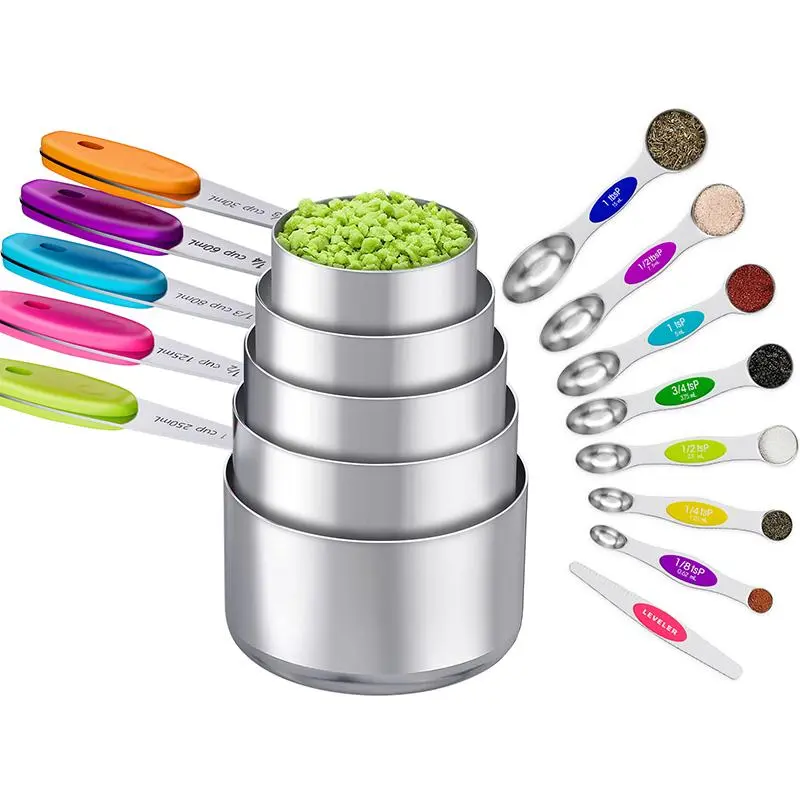 measuring cups and magnetic measuring spoons set,  Round/OvalStainless Steel, Dishwasher Safe, Nesting Designwith Leveler for Cooking & Baking, Essential Utensil Kitchenware Modern Home White