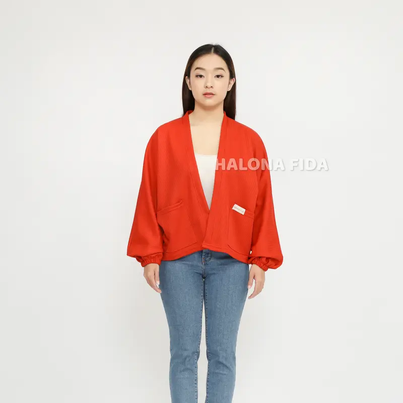 Cardigan Lona Outer Atasan Wanita Batwing Oversize Kelelawar Polos Kantong Kanan Kiri Two Tone Premium 0