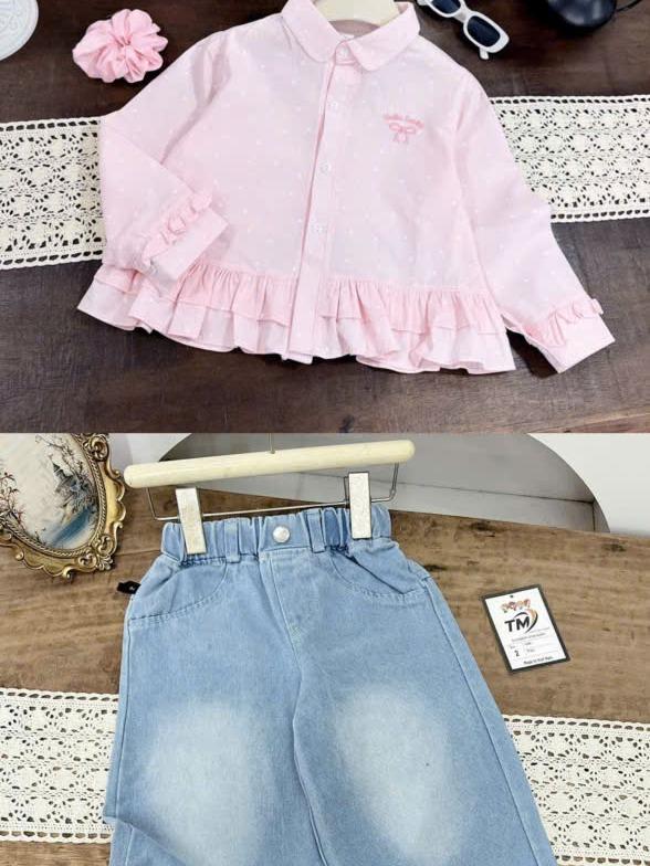 [Nini Kids]- Sét áo dài tay thêu nơ phối bèo  kèm quần Jean đính nơ mềm cho bé Gái đủ size 10-35kg ( Sét áo dài tay+quần đính nơ)