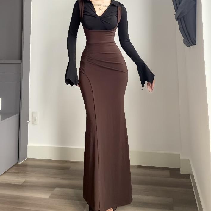  Set đầm liền thân nữ layer 2 lớp cổ yếm chữ V tay loe xinh kiểu dáng sang trọng sang chảnh Lolystore dress women HL157 