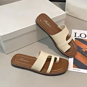 Sandal Selop Wanita Polos, Sepatu Musim Panas Flat Kasual dengan Pengait Jari, Sandal Selop Berdesain Ringan
