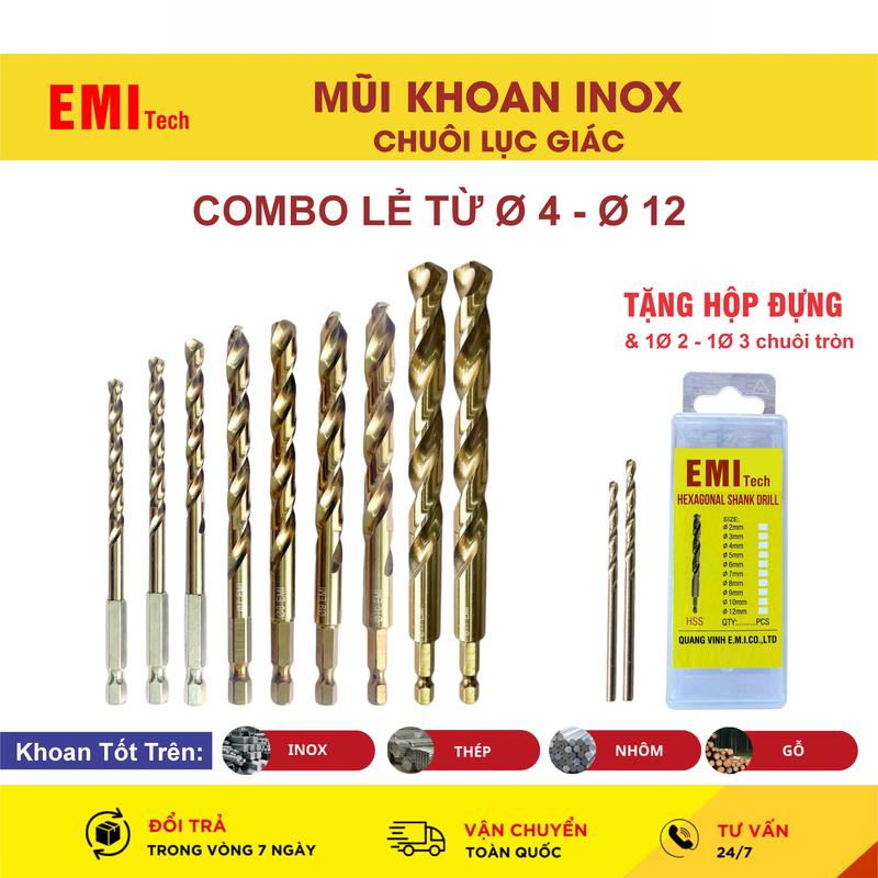  Combo 9 Mũi Khoan Inox chuôi Lục Giác  Ø4 Ø5 Ø6 Ø7 Ø8 Ø9 Ø10 Ø11 Ø12 tặng Ø2 Ø3 chuôi tròn - Khoan Inox sắt thép nhôm kẽm 