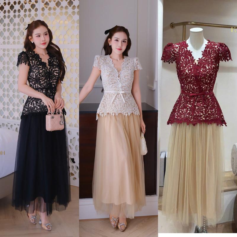 [Kiều Linh]-Set Váy Maxi Dự Tiệc Thiết Kế Áo Rời KL394 chất liệu Ren Hoa Thêu phối chân váy Lưới eo Đai Nơ, 2 Lớp Lót, Giấu Đường