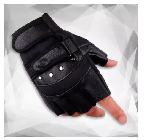 Sarung Tangan Motor Semi Kulit Knucle besi Unisex Half Finger 2 Strap 3