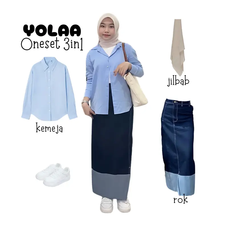oneset 3in1 kemeja polos biru rok jeans 2 warna jilbab bella | perempuan wanita cewek ootd hijab casual hangout pantai piknik kuliah korean style HK155 0