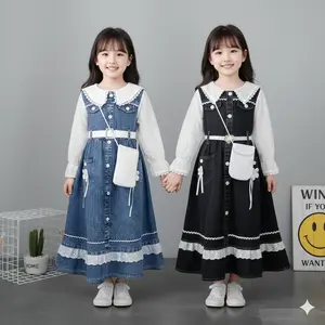 Adelin Gamis Anak Perempuan Muslimah Motif Bunga Usia 3-10 tahun Bahan Premium Denim Mix Tangan Brukat Variasi Saku Depan Cantik & Modern Lebaran Terbaru 2026 Full Jeans Kekinian