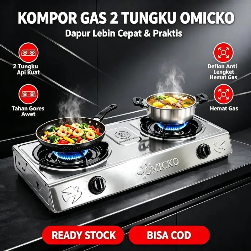 Kompor Gas OMICKO 2 Tungku Standar SNI, Permukaan Stainless Anti Karat Mudah Dibersihkan, Nyala Api Biru Irit Gas untuk Dapur Rumah & Usaha Warung COD