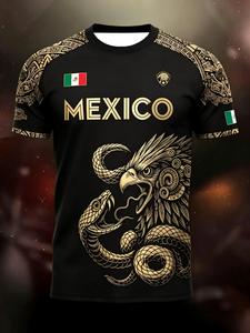 Camiseta deportiva con temática mexicana, manga corta con totem de águila y serpiente azteca, camiseta de fútbol para hombre de secado rápido y transpirable, top casual de ajuste entallado