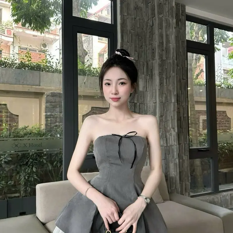 Đầm Cúp Ngực Có Dây Thắt Nơ Chân Váy Xoè Phồng  Dễ Thương