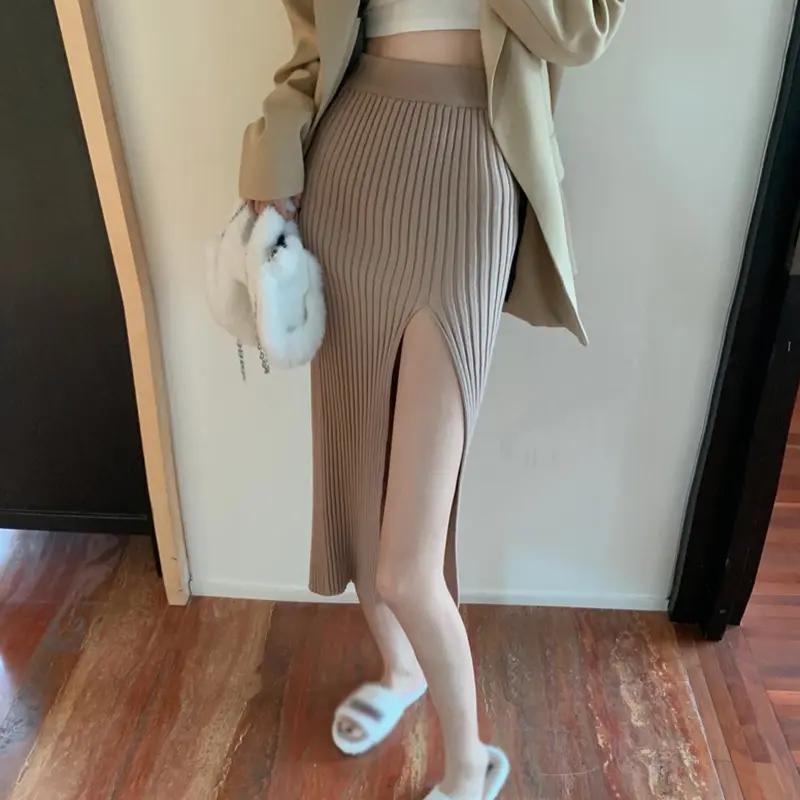 Korean  Skirt Temperament High Waist  Sexy Thin Elastic Force Split