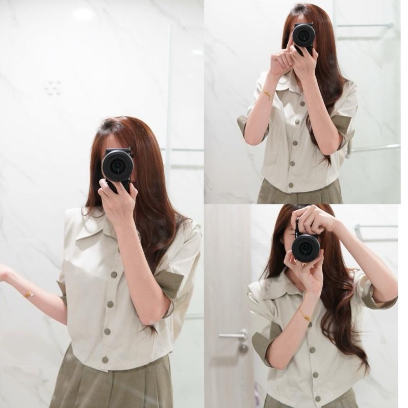 Set Áo Sơmi Cúc Bọc Phối màu tay lỡ form lửng mix quần ống suông”KAPI”phong cách thanh lịch,sang chảnh-Dành Cho Nữ