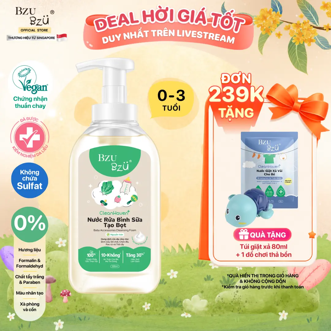 Nước Rửa Bình Sữa, Rau Củ Quả Và Đồ Dùng Em Bé Thuần Chay BZU BZU Baby Accessories Cleansing Foam CleanHaven Tạo Bọt, Thành Phần Thực Vật An Toàn Cho Bé