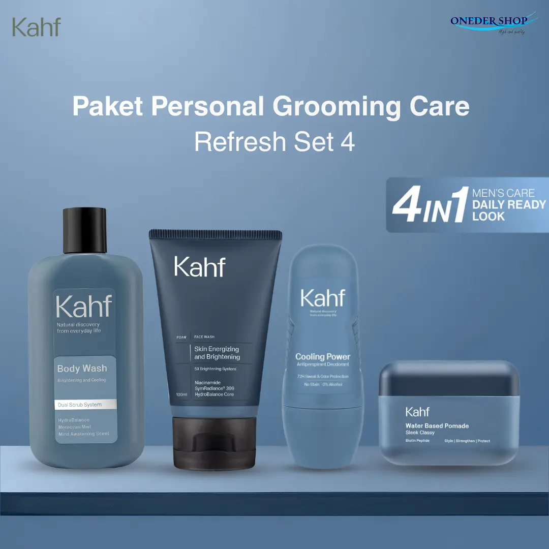 Kahf Personal Groming Care Refresh Set 4 - Face Wash + Body Wash + Deodorant + Pomade Paket Kahf Perawatan Tubuh Sabun Mandi Pria Cooling Mencerahkan Soap Cair Cowok Scrub Membersihkan Kotoran Tangan Jamur