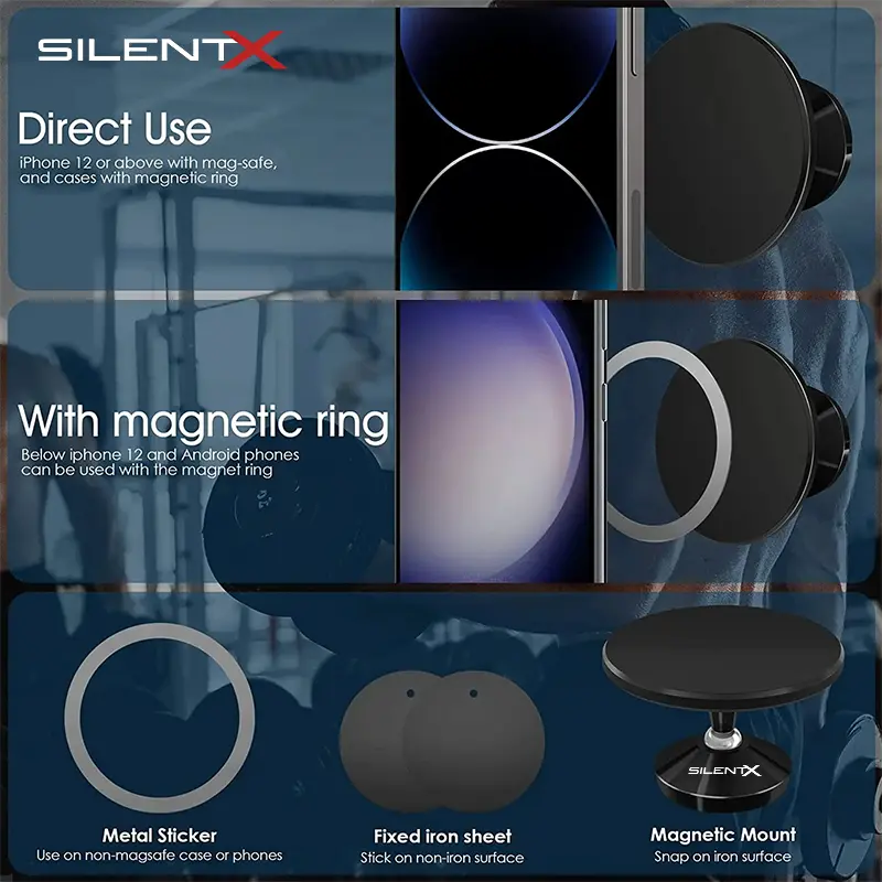 SILENTX Universal Dual Magnetic Gym Phone Mount Holder Dual Dua Sisi Magnet Dudukan Hp Handphone Dinding Car Phone Double-Sided Magnetic Aksesoris Alat Gym Fitness Magsafe Holder SilentX 2