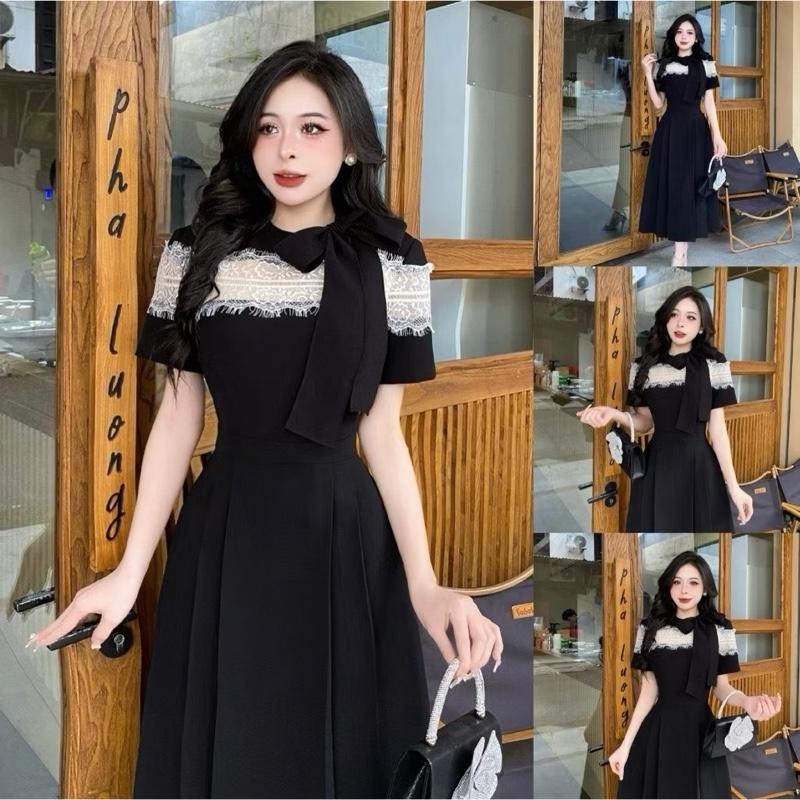 Bigsize 60-135kg váy đầm nữ thiết kế phối ren hoa trước ngực dây nơ