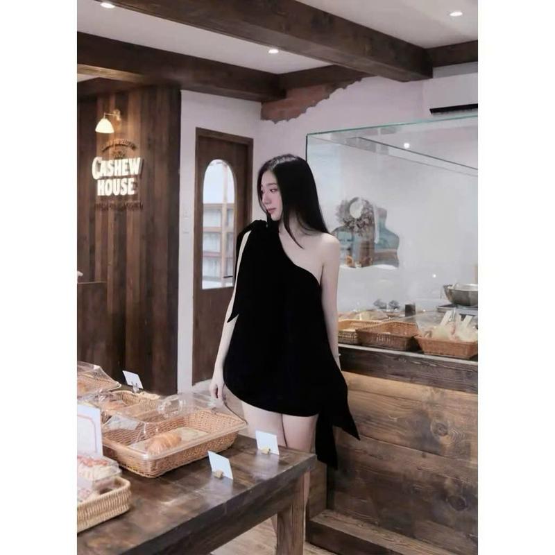 Set Nhung Lệch Vai Đính Nơ Mix Chân Váy Chữ A Set Đồ Nữ Đẹp Set Xinh Sang Chảnh