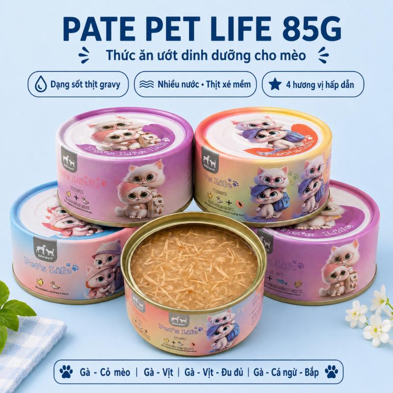 Combo 20 Lon Pate Pet Life Cho Mèo 85g Dạng Sốt Thịt Gravy Nhiều Vị Dễ Ăn