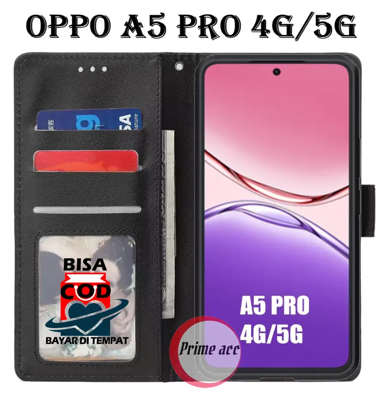 Flip Cover Kulit Premium untuk OPPO A5 PRO 4G/5G case Dompet dan Pengunci Magnet 4