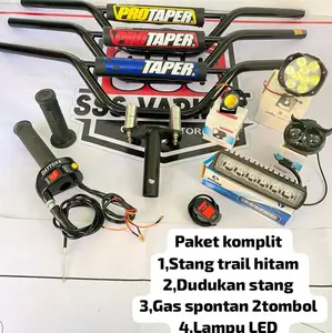 paket komplit stang trail hitam+dudukan stang+Gas spontan 2tombol+lampu LED @bonus saklar lampu