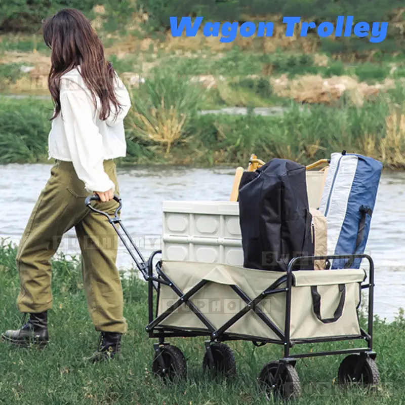 camping wagon Foldable Wagon Cart Camping Trolley Folding Trolley Utility Garden Cart Portable Trolley - Black & Khaki