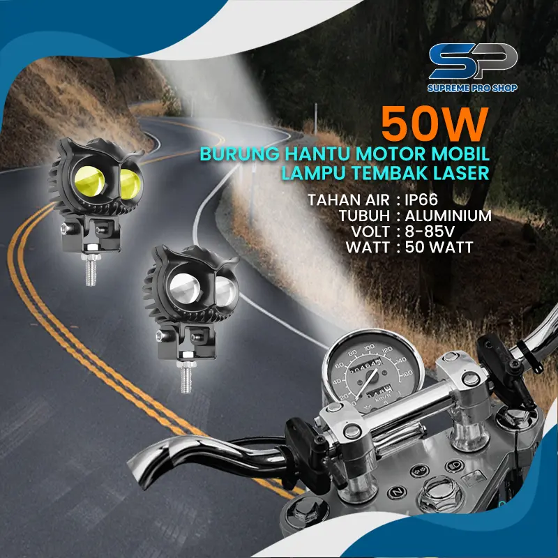 Horici 50W Burung Hantu Motor Mobil Lampu Tembak Laser Led 2 Warna 2 Mata Lampu Tembak Laser Led  High Low /Lampu Tembak Sorot Owl Putih 25W kuning 25W