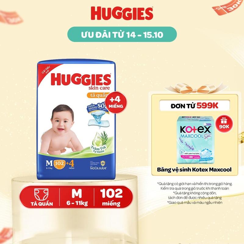 Tã/ bỉm quần Huggies Skincare Mega Jumbo với tràm trà dịu da Size M106/L96+8/XL84+4/XXL76+4