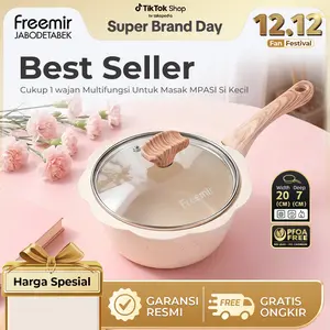 [SUPER MEGA SALE] freemir Panci Bunga 20 cm MPASI Anti Gosong Anti Mengelupas Granit Soft Cream Bunga Set Wajan+Tutup Kaca PFOA Free BPA Free Aman Untuk Bayi