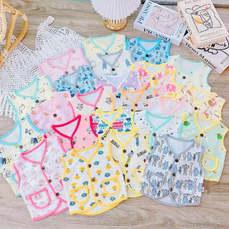  {Sale sốc} Sét 3 Áo gile cotton hữu cơ OGANIC mềm mịn vải có hoạ tiết xinh xắn cho bé trai bé gái mặc 4 mùa 