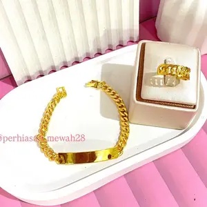 set perhiasan gelang rantai plat kotak dan cincin rantai mewah berlapis emas