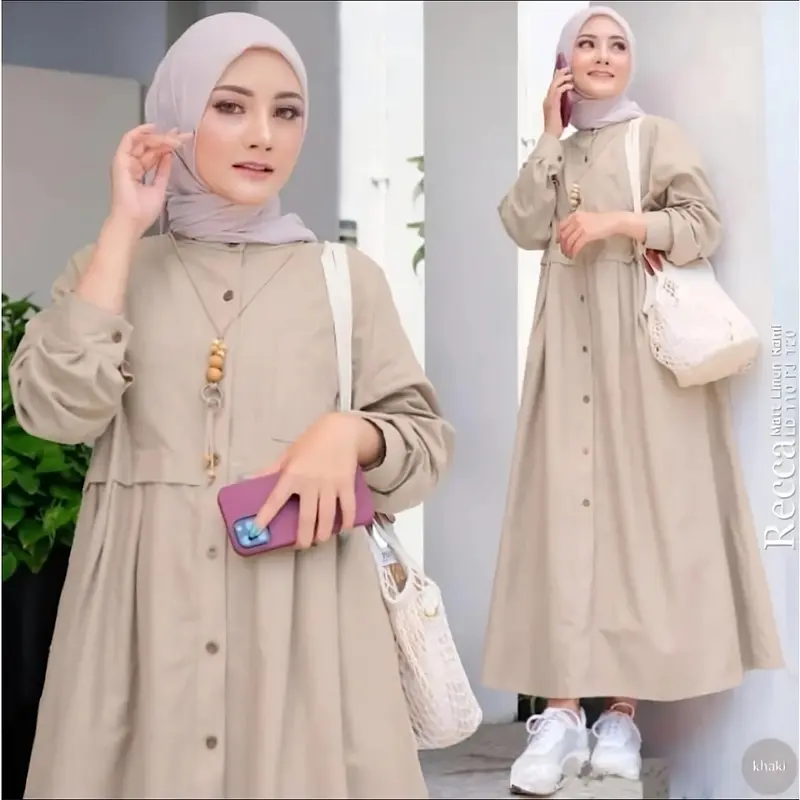 Midi Dres Zasqia Muslim Wanita Friendly Wudhu Variasi Kancing Kain Linen Rami Premium 4