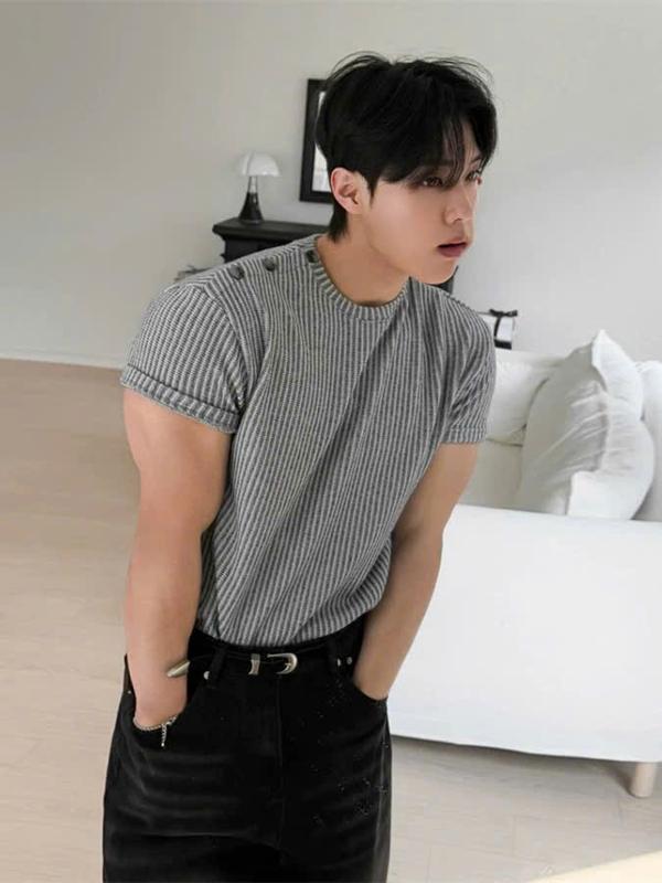  Áo Thun Gân Phá Cách - Phối Nút Mở Vai - Phong Cách Hàn Quốc 