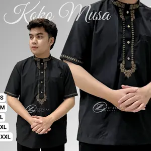 Zeefora Koko Musa Baju Muslim Premium Pria Dewasa Kancing Snap Lengan Pendek Material Polyester Berkualitas Saku Depan Samping Bordir Blekser