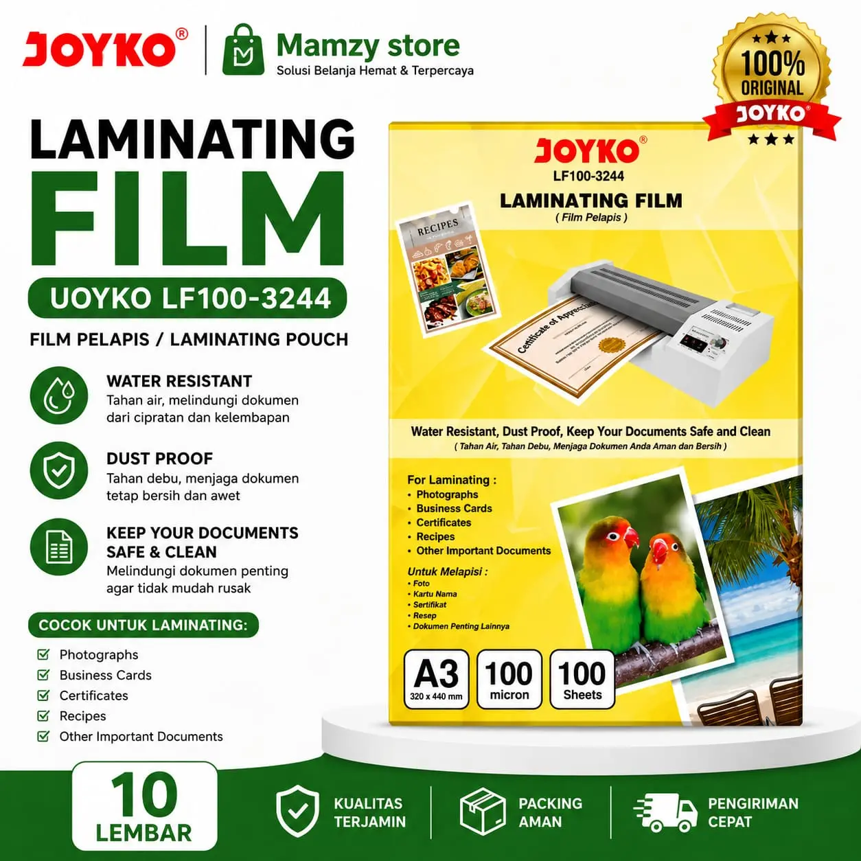 JOYKO Plastik Laminating A3 LF-100-3244 10 Lembar Mesin Laminating 32x44 cm untuk Foto Kartu Bisnis Sertifikat Dokumen Penting