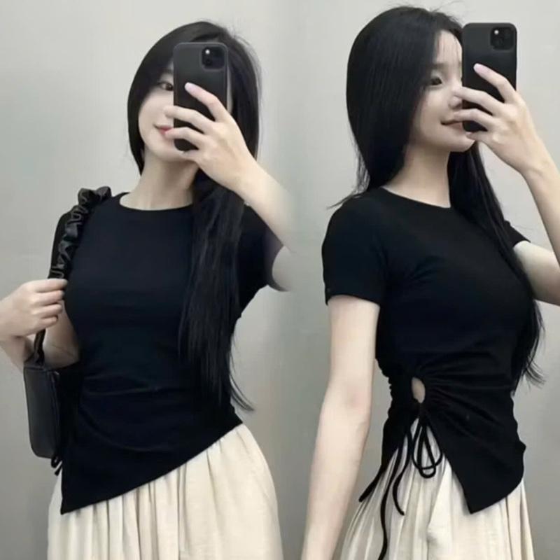 A55b Áo thun nữ tay ngắn dây rút eo vạt chéo nhiều màu phong cách Hàn Quốc size dưới 53kg