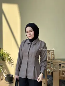 Kemeja Slim Fit Wanita Atasan Cewek Outfit Kece Blouse Korea Style Kemeja Lengan Panjang Wanita Blouse Body Fit Atasan Garis Garis Wanita