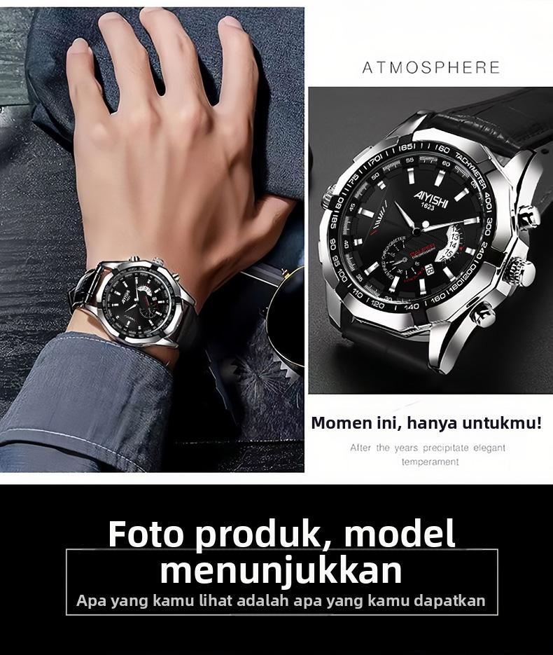 AIYISHI Jam Tangan Pria Mewah & Sporti 1623 Multifungsi Tahan Air 30M Dial Hitam Bodi Stainless Steel Garansi 2 Tahun Kaca Kristal Kuarsa Otomatis