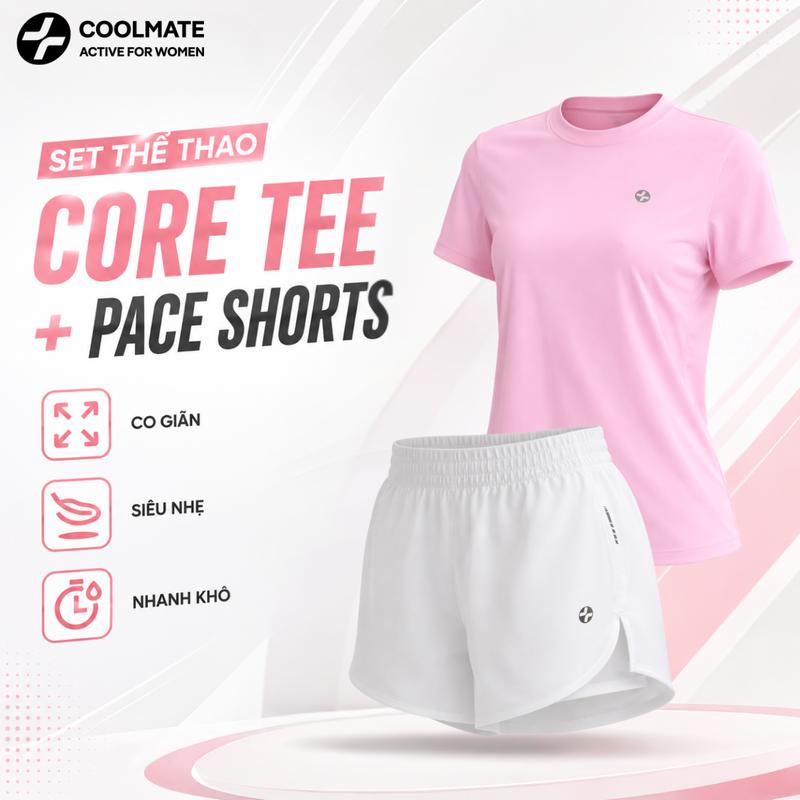 Set đồ thể thao nữ đa năng áo thun Core tee và quần short nữ chạy bộ tập gym 2 lớp Pace shorts 3.5IN co giãn, thoáng mát dễ dàng vận động chạy bộ tập gym - Coolmate Active For Women